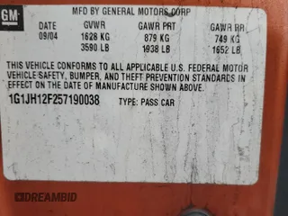 2005 Chevrolet Cavalier LS Sport with VIN 1G1JH12F257190038, listed as a Copart auction lot 83934104 with 0 mi miles and Salvage Title. Bid and sale history available at carsss.com. Image 12.