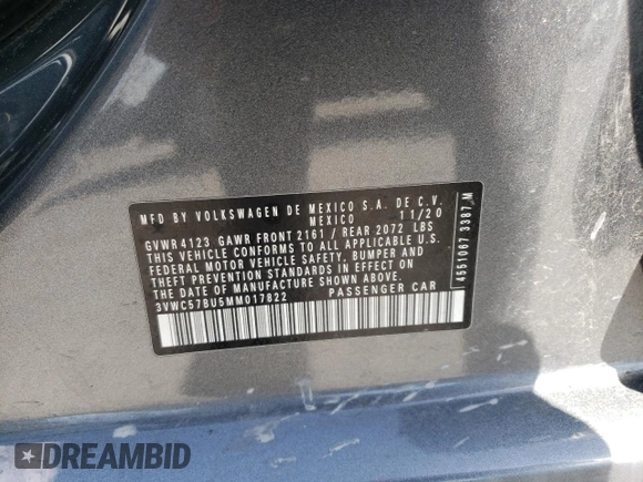 2021 Volkswagen Jetta S with VIN 3VWC57BU5MM017822, listed as a Copart auction lot 57258095 with 87,331 mi miles and Salvage title. Bid and sale history available at DreamBid. Image 13.