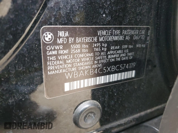 2011 BMW 7 Series 740Li z VIN WBAKB4C5XBC574119, wystawiony jako Copart lot #54946445 z przebiegiem Nie podano mil oraz Szkoda całkowita • Salvage title. Historia ofert i sprzedaży dostępna na DreamBid. Obrazek 12.