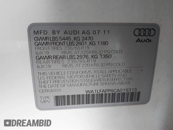 2012 Audi Q5 Premium Plus with VIN WA1LFAFP6CA019313, listed as a IAAI auction lot 42344103 with 95,091 mi miles and . Bid and sale history available at DreamBid. Image 9.