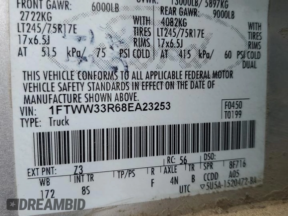 2008 Ford F-350 XL с VIN 1FTWW33R68EA23253, выставлен на аукционе Copart как лот 46327275 с пробегом 182 702 миль миль и Списание • Salvage title. История ставок и продаж доступна на DreamBid. Изображение 13.