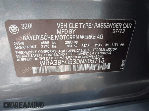 2013 BMW 3 Series 328i xDrive with VIN WBA3B5G53DNS05713, listed as a IAAI auction lot 42768480 with 133,851 mi miles and . Bid and sale history available at DreamBid. Image 9.