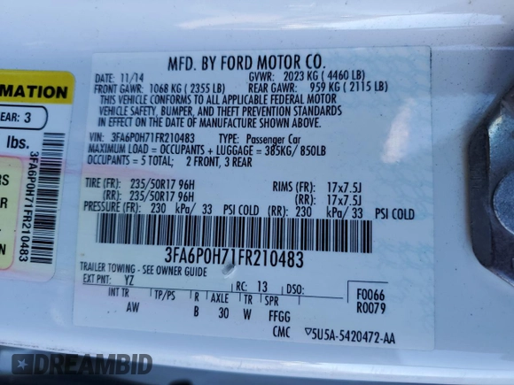2015 Ford Fusion SE with VIN 3FA6P0H71FR210483, listed as a Copart auction lot 78878284 with 189,451 mi miles and Non Repairable. Bid and sale history available at DreamBid. Image 12.