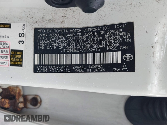 2012 Toyota Prius Two with VIN JTDZN3EU7C3032615, listed as a IAAI auction lot 42235735 with 177,952 mi miles and . Bid and sale history available at DreamBid. Image 9.