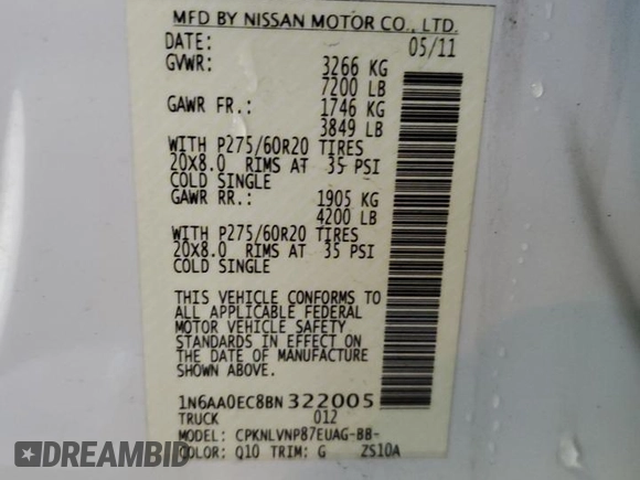 2011 Nissan Titan SL with VIN 1N6AA0EC8BN322005, listed as a Copart auction lot 49085125 with 131,328 mi miles and Salvage Title. Bid and sale history available at carsss.com. Image 12.