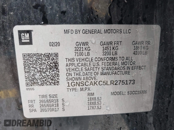 2020 Chevrolet Tahoe LS with VIN 1GNSCAKC5LR275173, listed as a IAAI auction lot 41931311 with 86,780 mi miles and . Bid and sale history available at DreamBid. Image 9.