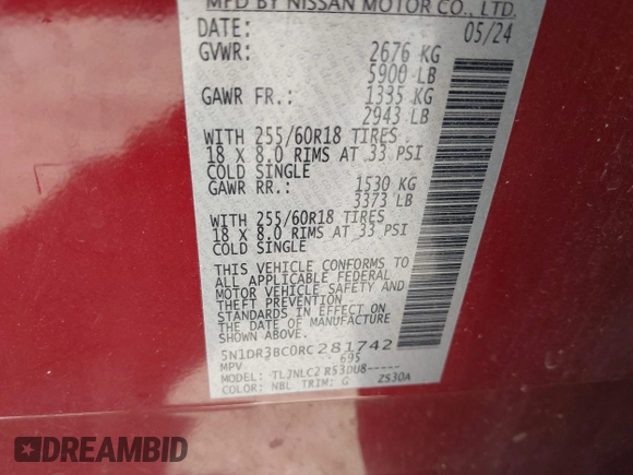 2024 Nissan Pathfinder SV with VIN 5N1DR3BC0RC281742, listed as a IAAI auction lot 42493713 with 23,318 mi miles and . Bid and sale history available at DreamBid. Image 9.