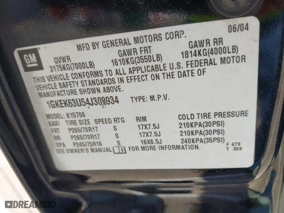 2004 GMC Yukon Denali with VIN 1GKEK63U54J308934, listed as a IAAI auction lot 42124676 with 254,362 mi miles. Bid and sale history available at carsss.com. Image 9.