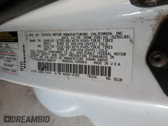 2006 Toyota Tacoma PreRunner with VIN 5TETX62N16Z184619, listed as a Copart auction lot 86905454 with 251,133 mi miles and Salvage title. Bid and sale history available at DreamBid. Image 15.