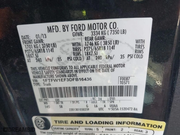 2013 Ford F-150 XL with VIN 1FTFW1EF3DFB16436, listed as a IAAI auction lot 41511840 with 121,865 mi miles. Bid and sale history available at carsss.com. Image 9.