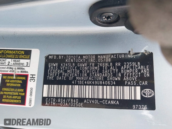 2009 Toyota Camry z VIN 4T1BE46K49U840634, wystawiony jako IAAI lot #42248507 z przebiegiem 135 115 mil mil oraz . Historia ofert i sprzedaży dostępna na DreamBid. Obrazek 9.