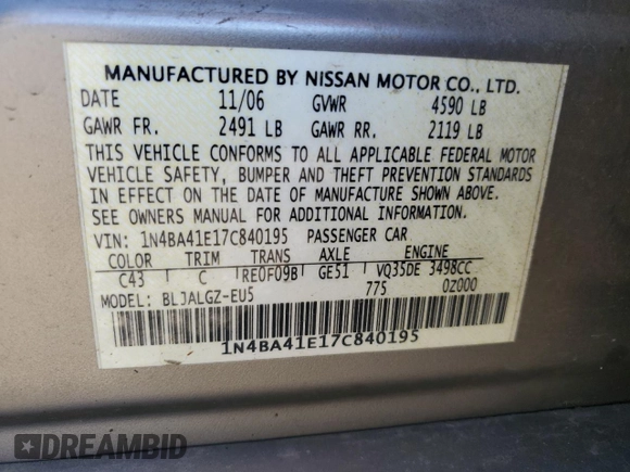 2007 Nissan Maxima 3.5 SL with VIN 1N4BA41E17C840195, listed as a Copart auction lot 53536955 with 131,217 mi miles and Salvage Title. Bid and sale history available at carsss.com. Image 13.