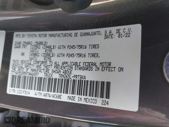 2022 Toyota Tacoma SR z VIN 3TYAX5GN5NT046897, wystawiony jako IAAI lot #42253604 z przebiegiem 69 246 mil mil oraz . Historia ofert i sprzedaży dostępna na DreamBid. Obrazek 9.