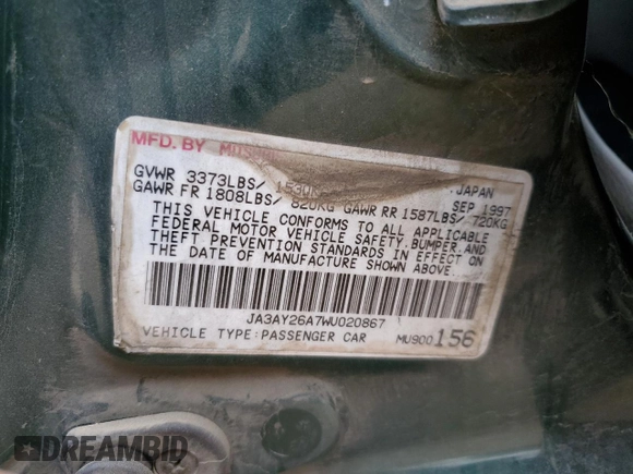 1998 Mitsubishi Mirage DE с VIN JA3AY26A7WU020867, выставлен на аукционе Copart как лот 83889944 с пробегом 203 983 миль миль и Списание • Salvage title. История ставок и продаж доступна на DreamBid. Изображение 12.