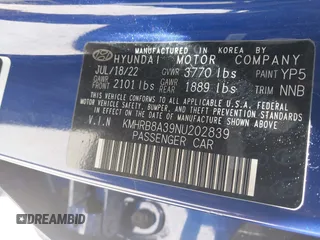2022 Hyundai Venue SE with VIN KMHRB8A39NU202839, listed as a IAAI auction lot 41729776 with 27,154 mi miles and . Bid and sale history available at DreamBid. Image 9.