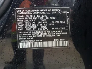 2022 Volkswagen Atlas SEL with VIN 1V2BR2CA6NC534834, listed as a Copart auction lot 82413944 with 40,338 mi miles and Salvage title. Bid and sale history available at DreamBid. Image 13.