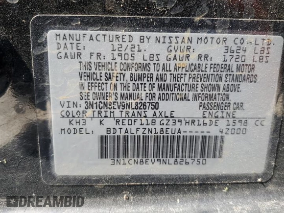 2022 Nissan Versa SV z VIN 3N1CN8EV9NL826750, wystawiony jako Copart lot #52127085 z przebiegiem 86 513 mil mil oraz Szkoda całkowita • Salvage title. Historia ofert i sprzedaży dostępna na DreamBid. Obrazek 13.