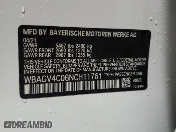 2022 BMW 8 Series 840i with VIN WBAGV4C06NCH11761, listed as a Copart auction lot 79094614 with 37,994 mi miles and Salvage title. Bid and sale history available at DreamBid. Image 14.