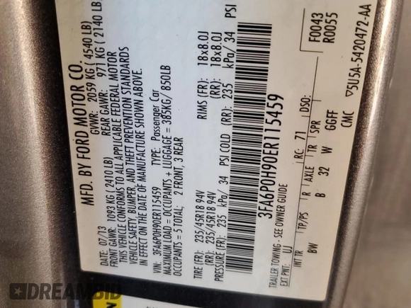 2014 Ford Fusion SE with VIN 3FA6P0H90ER115459, listed as a Copart auction lot 44915655 with 179,341 mi miles and Salvage Title. Bid and sale history available at carsss.com. Image 14.