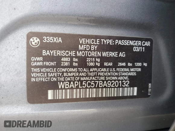 2011 BMW 3 Series 335i xDrive with VIN WBAPL5C57BA920132, listed as a Copart auction lot 61414035 with 94,215 mi miles and Clean title. Bid and sale history available at DreamBid. Image 12.