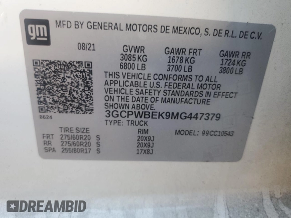 2021 Chevrolet Silverado 1500 Custom with VIN 3GCPWBEK9MG447379, listed as a Copart auction lot 88286075 with 86,497 mi miles and Salvage Title. Bid and sale history available at DreamBid. Image 12.