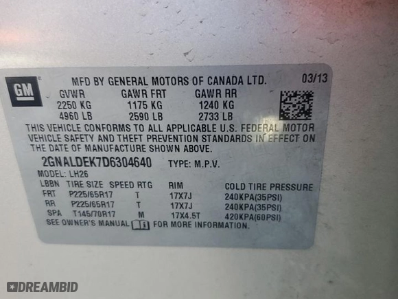 2013 Chevrolet Equinox LT with VIN 2GNALDEK7D6304640, listed as a Copart auction lot 48596575 with 336,951 mi miles and Clean Title. Bid and sale history available at carsss.com. Image 13.