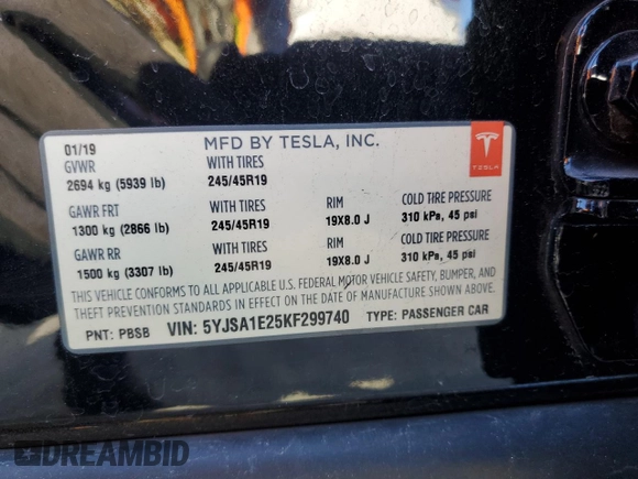 2019 Tesla Model S 75D z VIN 5YJSA1E25KF299740, wystawiony jako Copart lot #49355485 z przebiegiem 140 385 mil mil oraz Szkoda całkowita • Salvage title. Historia ofert i sprzedaży dostępna na DreamBid. Obrazek 12.