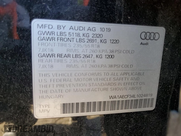 2020 Audi Q3 Premium z VIN WA1AECF34L1024819, wystawiony jako Copart lot #53194995 z przebiegiem 109 523 mil mil oraz Szkoda całkowita • Salvage title. Historia ofert i sprzedaży dostępna na DreamBid. Obrazek 15.