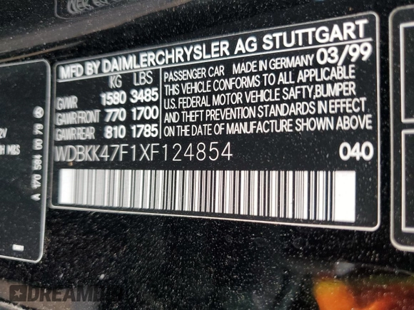 1999 Mercedes-Benz SLK-Class with VIN WDBKK47F1XF124854, listed as a Copart auction lot 73160604 with 55,730 mi miles and Salvage Title. Bid and sale history available at carsss.com. Image 14.