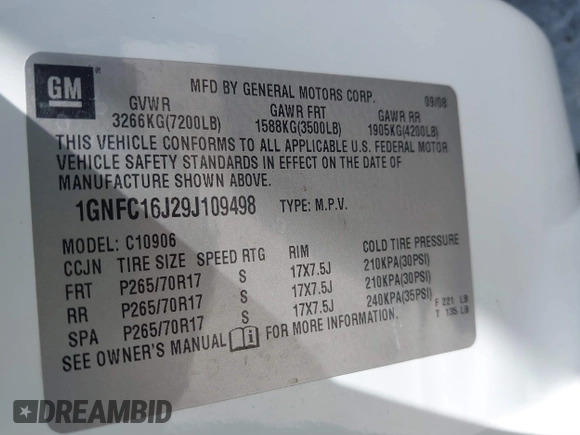 2009 Chevrolet Suburban LS z VIN 1GNFC16J29J109498, wystawiony jako IAAI lot #41768705 z przebiegiem 201 330 mil mil oraz . Historia ofert i sprzedaży dostępna na DreamBid. Obrazek 9.