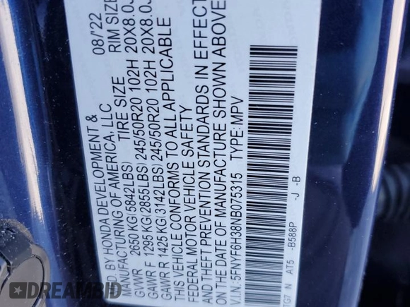 2022 Honda Pilot Sport with VIN 5FNYF6H38NB075315, listed as a Copart auction lot 53789785 with 68,102 mi miles and Salvage title. Bid and sale history available at DreamBid. Image 14.