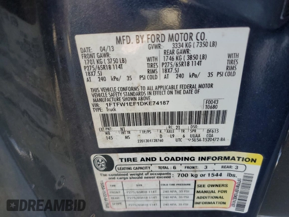 2013 Ford F-150 XL with VIN 1FTFW1EF1DKE74187, listed as a Copart auction lot 57485305 with 158,658 mi miles and Salvage title. Bid and sale history available at DreamBid. Image 12.