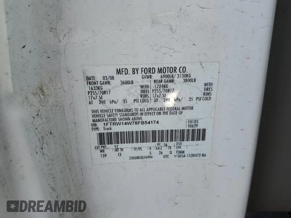 2008 Ford F-150 XL with VIN 1FTRW14W78FB54174, listed as a Copart auction lot 44188985 with 238,884 mi miles and Salvage title. Bid and sale history available at DreamBid. Image 14.