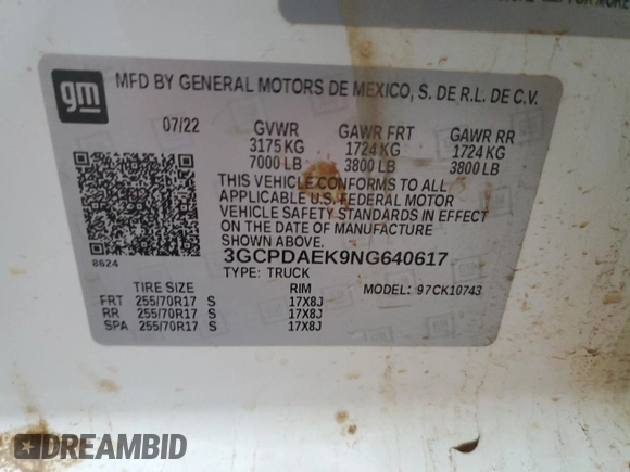 2022 Chevrolet Silverado 1500 with VIN 3GCPDAEK9NG640617, listed as a Copart auction lot 44462135 with 53,984 mi miles and Salvage Title. Bid and sale history available at DreamBid. Image 12.