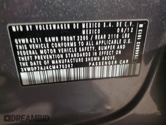 2012 Volkswagen Jetta Sedan SE w/Convenience PZEV with VIN 3VWDP7AJ4CM470267, listed as a Copart auction lot 51827255 with 71,158 mi miles and Salvage Title. Bid and sale history available at carsss.com. Image 12.