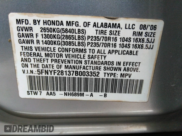 2007 Honda Pilot LX z VIN 5FNYF28137B003352, wystawiony jako IAAI lot #41763750 z przebiegiem 188 828 mil mil oraz . Historia ofert i sprzedaży dostępna na DreamBid. Obrazek 9.
