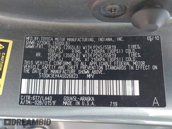 2010 Toyota Highlander Limited with VIN 5TDDK3EH4AS026823, listed as a IAAI auction lot 42165532 with 231,384 mi miles and . Bid and sale history available at DreamBid. Image 9.
