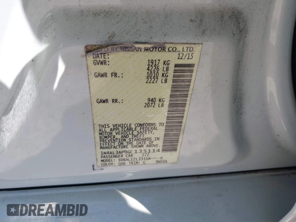 2016 Nissan Altima SV with VIN 1N4AL3AP9GC135114, listed as a IAAI auction lot 41851507 with 127,033 mi miles and . Bid and sale history available at DreamBid. Image 9.