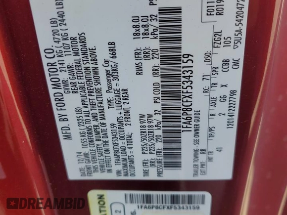 2015 Ford Mustang GT z VIN 1FA6P8CFXF5343159, wystawiony jako Copart lot #62902965 z przebiegiem 99 822 mil mil oraz Szkoda całkowita • Salvage title. Historia ofert i sprzedaży dostępna na DreamBid. Obrazek 12.
