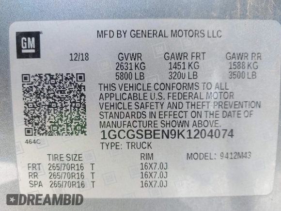 2019 Chevrolet Colorado 2WD Work Truck with VIN 1GCGSBEN9K1204074, listed as a IAAI auction lot 41389973 with 132,301 mi miles. Bid and sale history available at carsss.com. Image 9.
