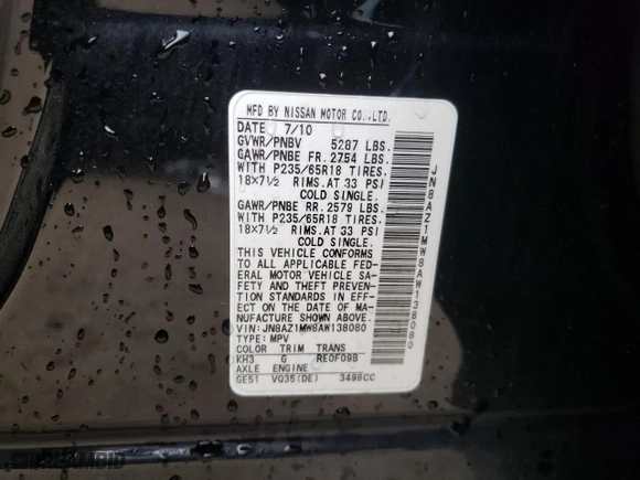 2010 Nissan Murano SL with VIN JN8AZ1MW8AW138080, listed as a Copart auction lot 82332424 with 135,565 mi miles and Salvage Title. Bid and sale history available at carsss.com. Image 12.