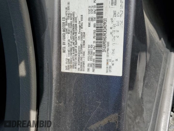 2012 Ford Fusion SE with VIN 3FAHP0HG9CR342931, listed as a Copart auction lot 58823775 with Not provided miles and Salvage title. Bid and sale history available at DreamBid. Image 12.