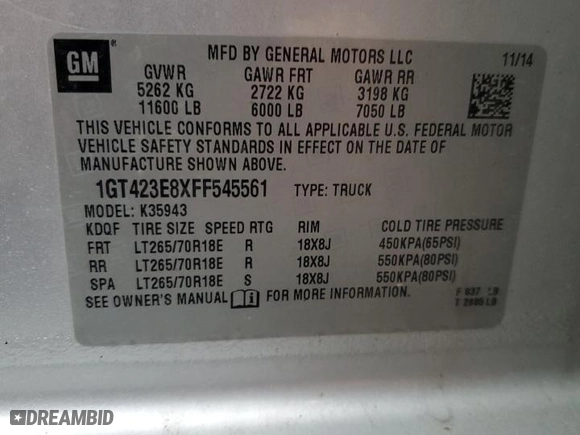 2015 GMC Sierra 3500HD SLT with VIN 1GT423E8XFF545561, listed as a Copart auction lot 82013384 with 130,213 mi miles and Salvage Title. Bid and sale history available at carsss.com. Image 12.