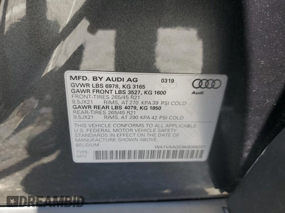 2019 Audi e-tron Prestige with VIN WA1VAAGE9KB008321, listed as a Copart auction lot 60162655 with 36,301 mi miles and Salvage title. Bid and sale history available at DreamBid. Image 13.