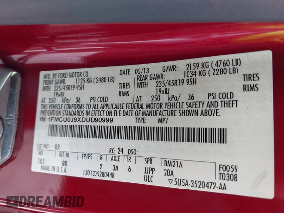2013 Ford Escape Titanium with VIN 1FMCU0J9XDUD90999, listed as a IAAI auction lot 42373924 with 179,477 mi miles and . Bid and sale history available at DreamBid. Image 9.