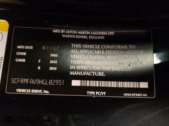 2017 Aston Martin DB11 z VIN SCFRMFAV9HGL02951, wystawiony jako Copart lot #53633992 z przebiegiem 28 066 mil mil oraz . Historia ofert i sprzedaży dostępna na DreamBid. Obrazek 10.