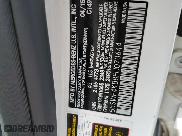 2015 Mercedes-Benz C 300 Luxury with VIN 55SWF4KB8FU070644, listed as a Copart auction lot 65435945 with 99,393 mi miles and Salvage title. Bid and sale history available at DreamBid. Image 12.