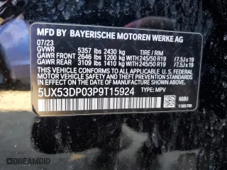 2023 BMW X3 xDrive30i with VIN 5UX53DP03P9T15924, listed as a Copart auction lot 46892685 with 7,620 mi miles and Salvage Title. Bid and sale history available at carsss.com. Image 13.