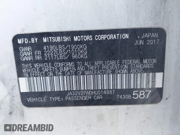 2017 Mitsubishi Lancer ES with VIN JA32V2FW0HU014887, listed as a IAAI auction lot 41056278 with 108,385 mi miles. Bid and sale history available at carsss.com. Image 9.