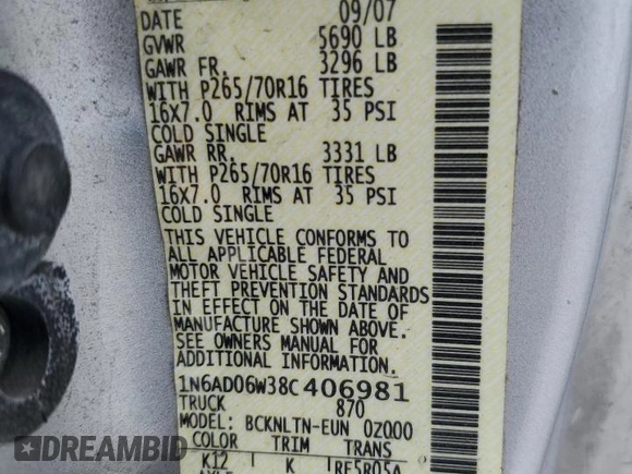 2008 Nissan Frontier SE with VIN 1N6AD06W38C406981, listed as a Copart auction lot 58784035 with 58,849 mi miles and Salvage title. Bid and sale history available at DreamBid. Image 12.
